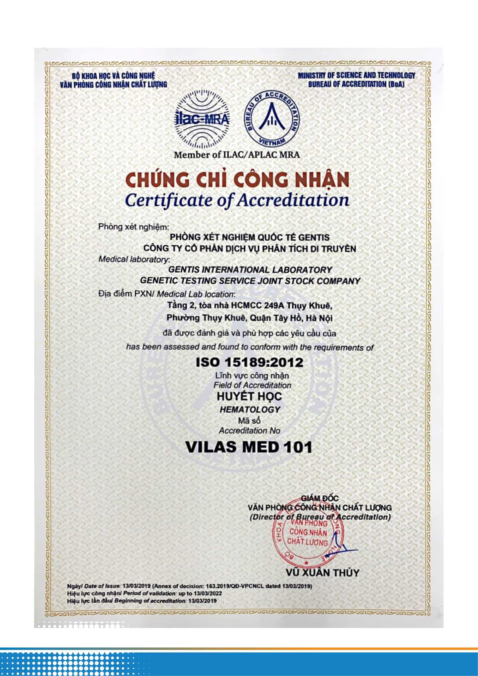 chứng nhận nipt của gentis