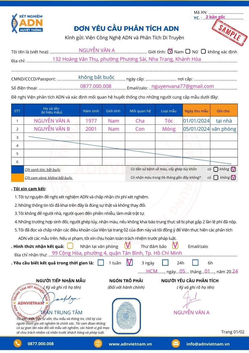 đơn yêu cầu xét nghiệm ADN