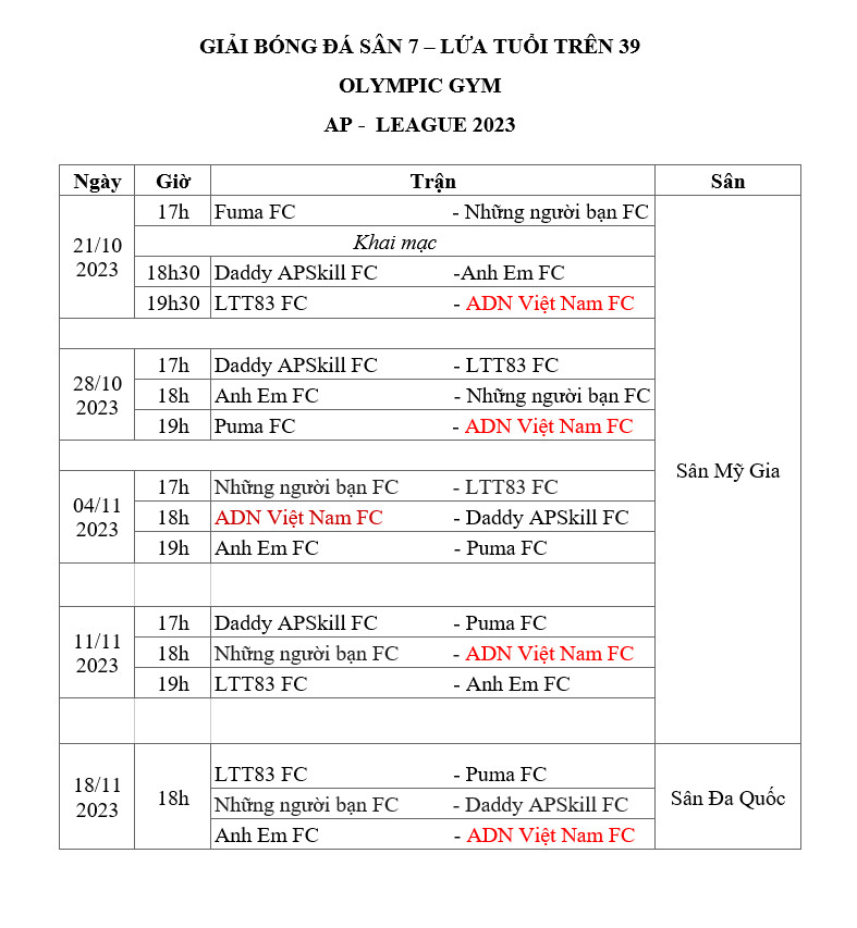  lịch thi đấu